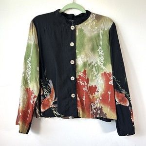 CITRON Santa Monica Crepe 100% Silk Japanese Koi Blouse Top XL Short Waisted